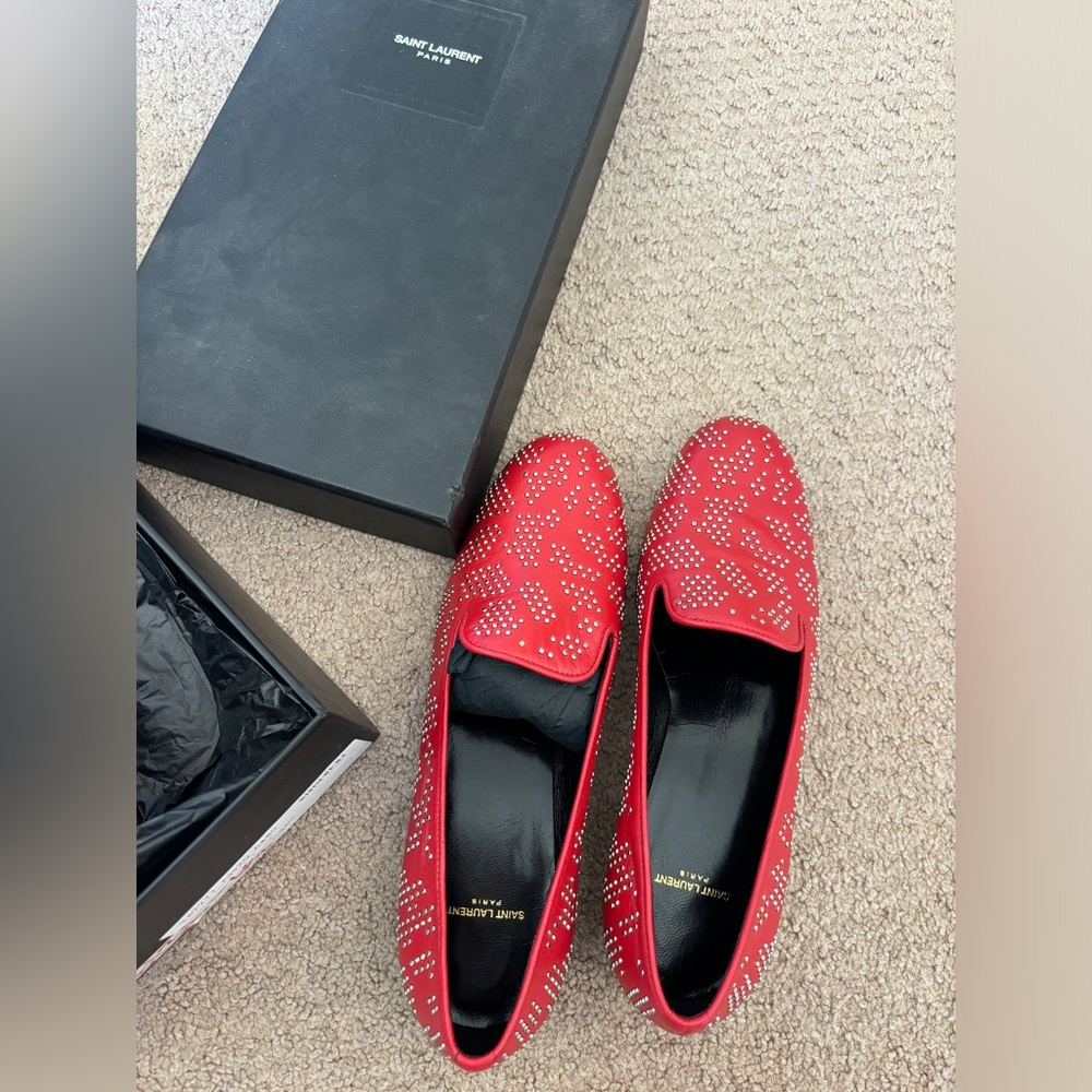 Saint Laurent Red Studded Loafers